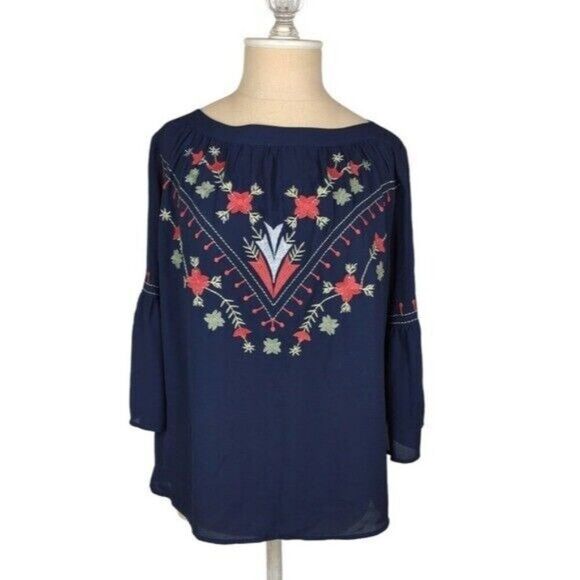 Loft Embroidered Bell Sleeve Boat neck Lightweight Navy Blouse XS - Picture 16 of 16